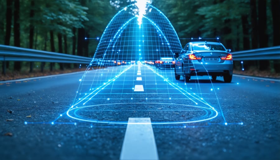 Real-time camera feed with overlaid lane markers and detected obstacles highlighted