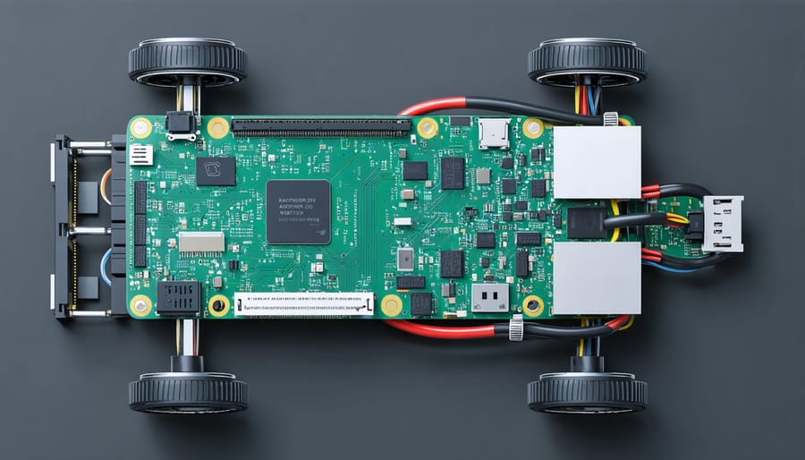 Labeled diagram showing Raspberry Pi, motors, sensors, chassis, and other essential components