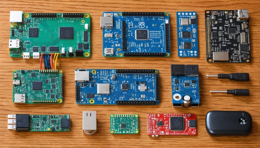 Various Raspberry Pi components including the main board, PIR sensors, camera module, and input devices arranged neatly
