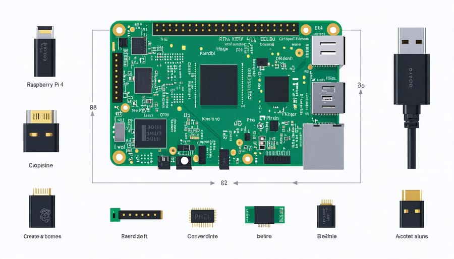 Annotated diagram of Raspberry Pi 4 showing GPIO pins, USB ports, ethernet port, and other key components