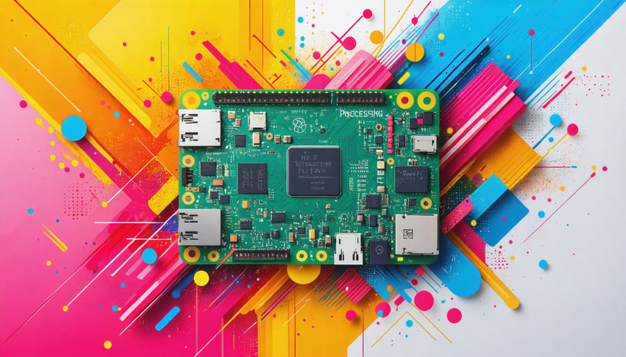 A Raspberry Pi accompanied by vibrant digital art featuring geometric and text patterns, showcasing the fusion of coding and creativity with Processing.