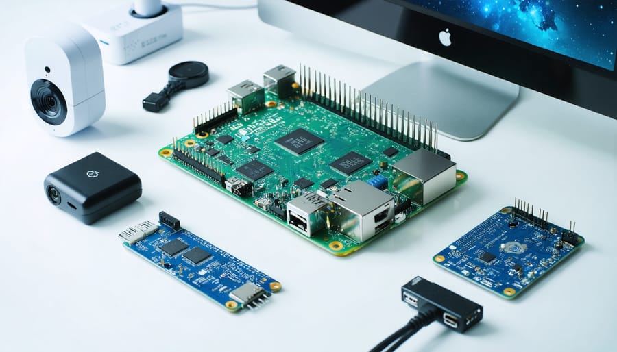 A Raspberry Pi 4 Model B with camera and diverse sensors connected, illustrating the components of a real-world Edge AI development setup for various practical applications.