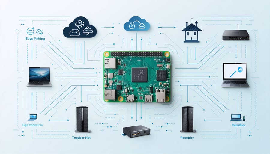 Conceptual diagram of edge computing architecture with Raspberry Pi, connected to IoT devices and cloud, illustrating distributed data processing.