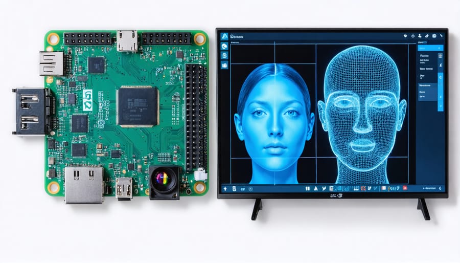 "Conceptual depiction of a Raspberry Pi facial recognition system, highlighting the Raspberry Pi board, camera module, and real-time detection on a screen amidst digital recognition patterns."