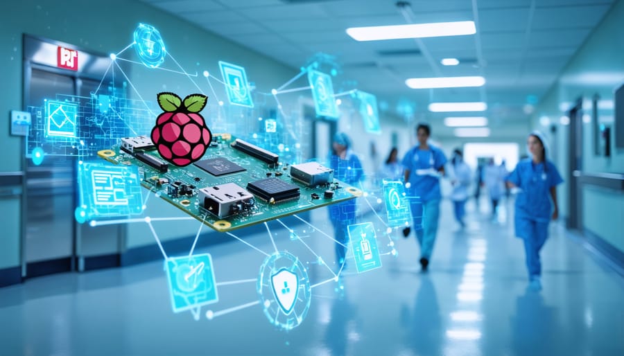 Raspberry Pi device in a hospital environment symbolizing healthcare automation, with digital data streams representing tasks like insurance processing and patient records management.