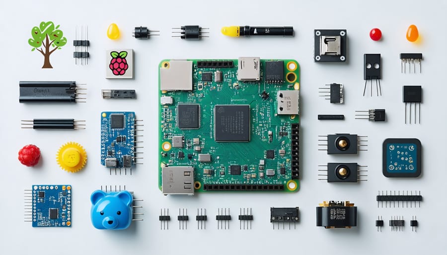 An illustration of a Raspberry Pi board surrounded by various components and icons symbolizing DIY electronics and programming, such as sensors, LEDs, gears, and code snippets, representing the limitless potential of this compact computer.