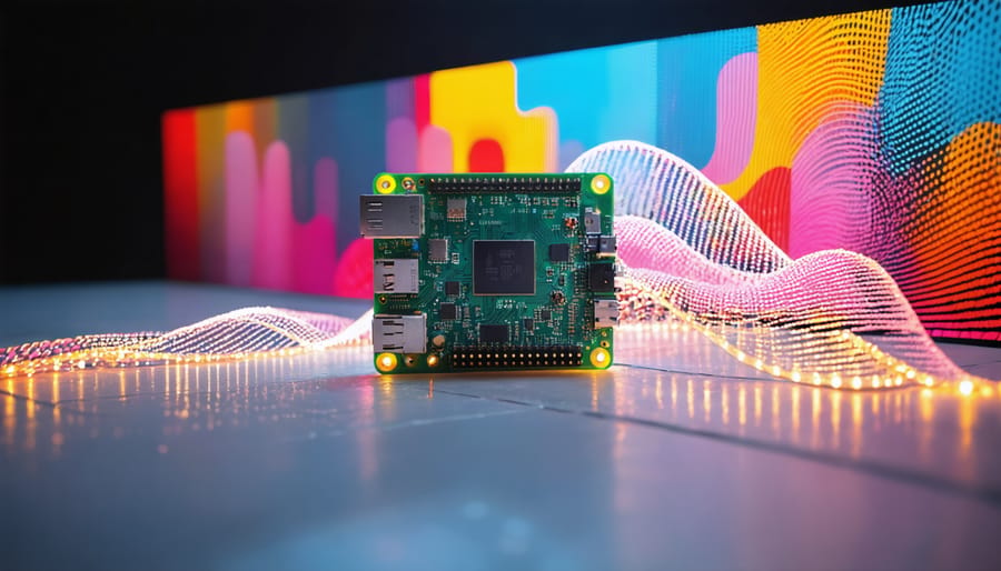 "A Raspberry Pi integrated into an interactive art installation, surrounded by LED lights and sensors, creating a colorful and dynamic experience that combines technology with artistic expression."