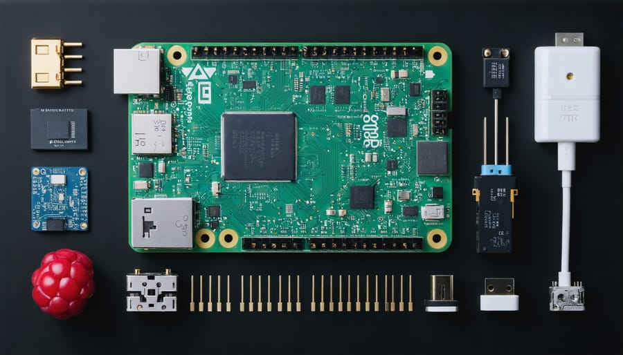 Raspberry Pi hardware setup with labeled IoT components and wiring connections