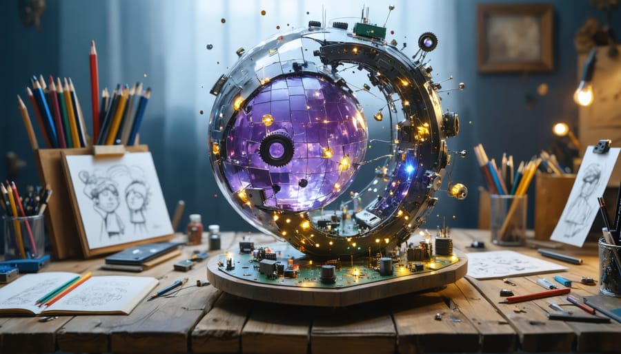 A dynamic Raspberry Pi kinetic sculpture with servo motors and LED lights in motion, set within a creative studio, highlighting the intersection of art and engineering.