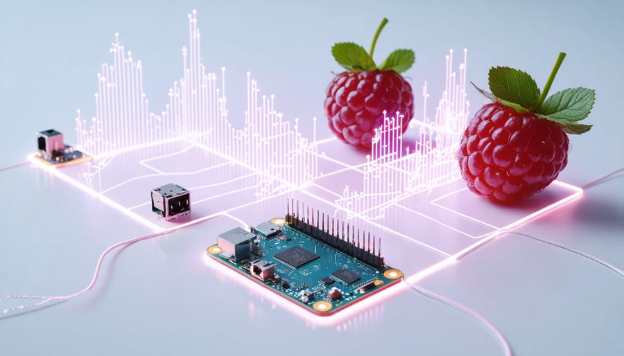 A modern and professional visual representation of a Raspberry Pi smart light detection system featuring different light sensors like LDR, TSL2591, and BH1750, symbolizing innovation and environmental monitoring in a futuristic style.