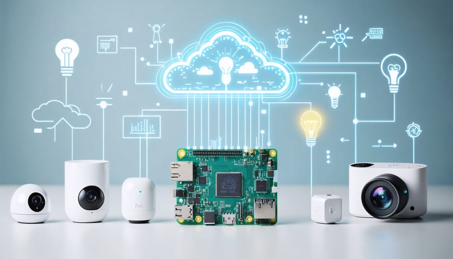 Conceptual illustration of a smart home ecosystem with Raspberry Pi as the central hub connected to various IoT devices like smart lights, sensors, and security cameras, symbolizing data flow and connectivity.