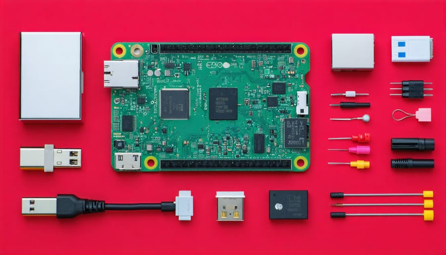 Organized display of Raspberry Pi setup including power supply, SD card, case, and cables