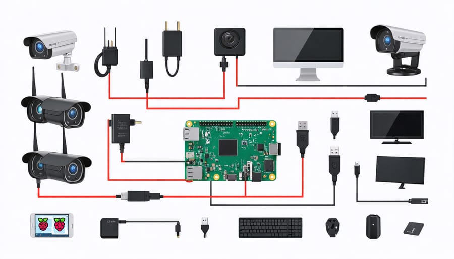 Diagram showing Raspberry Pi, camera module, sensors, and other hardware components needed for the security system