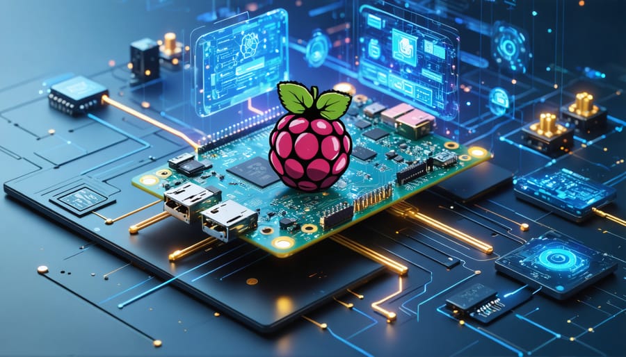 "Conceptual illustration of a Raspberry Pi powering a layered virtual machine architecture with digital circuit patterns and AI components, highlighting its potential for advanced computing and AI projects."