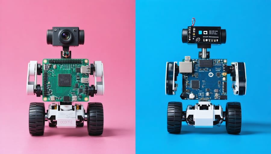 Illustration of a robot divided into two sections, with the Raspberry Pi handling a camera and display on one side, and the Arduino controlling motors and sensors on the other, highlighting their roles in robotics projects.