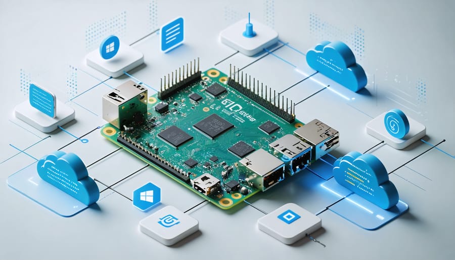 Illustration of a Raspberry Pi connected with cloud and digital symbols, representing its transformation into a smart device through Windows IoT Core integration.