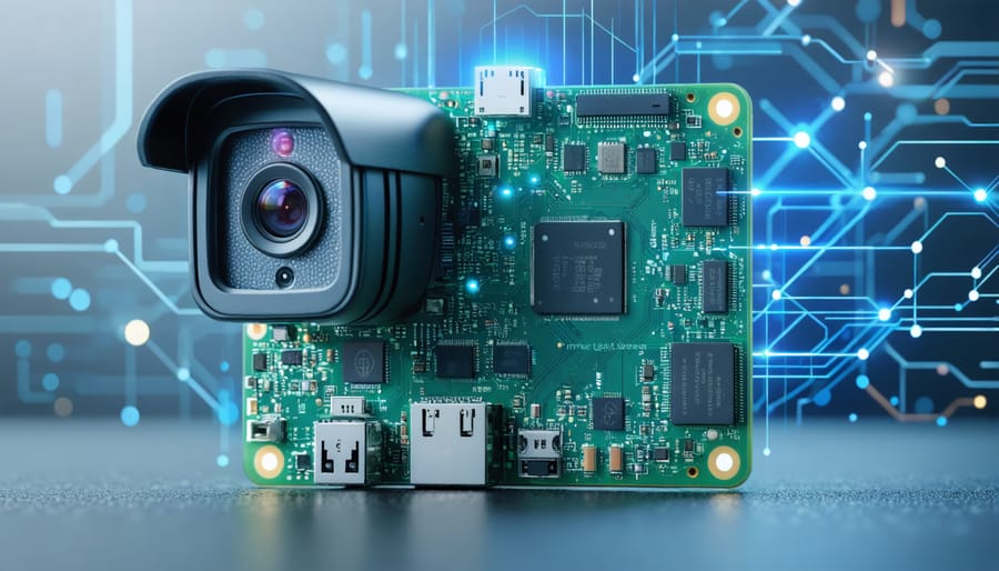A detailed visual representation of a Raspberry Pi setup as an AI-powered security camera system, featuring camera modules, sensors, and digital connections illustrating advanced technology and facial recognition capabilities.