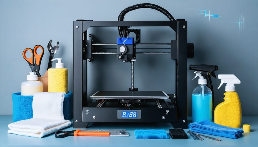Illustration of a 3D printer surrounded by essential maintenance tools such as a plastic scraper, isopropyl alcohol, tension gauge, and lubricant, symbolizing the importance of regular upkeep for consistent print quality.