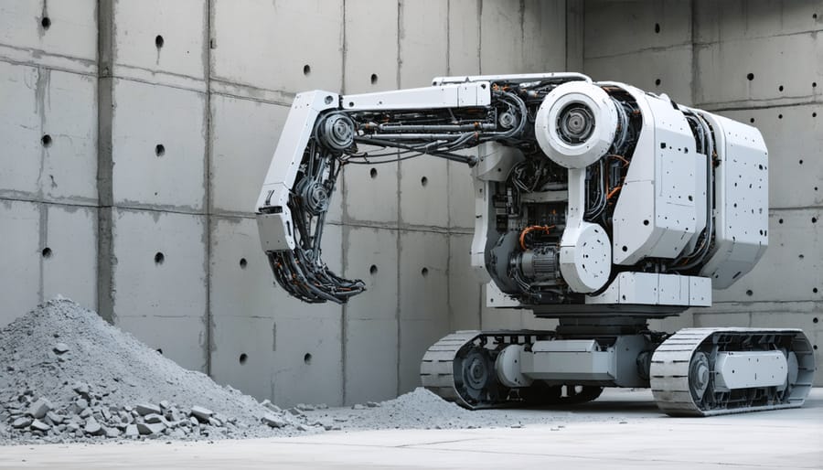 Construction 3D printing robot extruding concrete to form a building wall