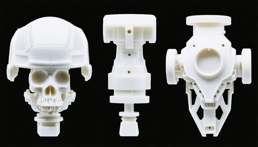 Progressive stages of 3D printed parts showing AI optimization improvements