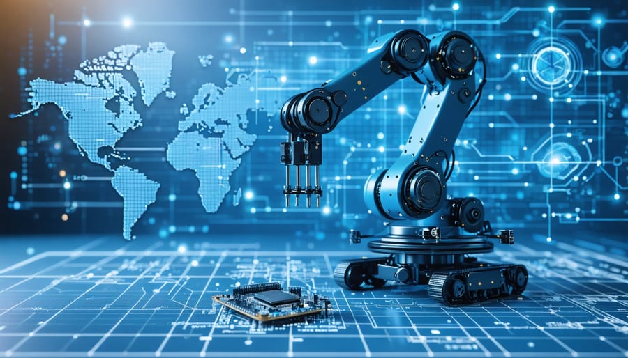 A detailed image of a modern 6-axis robotic arm with visible Arduino components and servo motors, set against a digital blueprint design, illustrating the integration of hardware and programming in robotics.