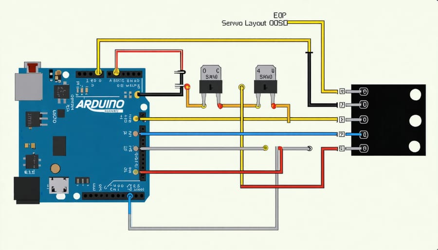 Wiring schematic displaying how six servo motors connect to Arduino board pins