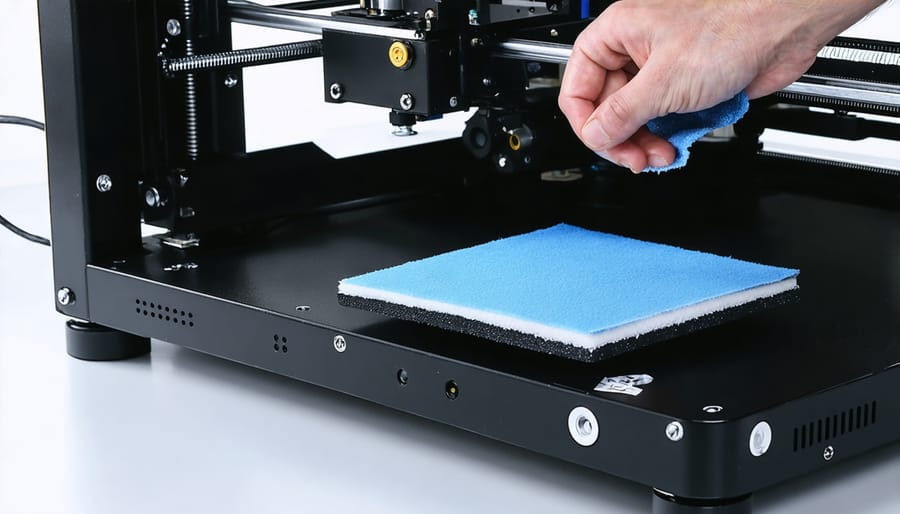 Person cleaning a 3D printer build platform with proper cleaning materials and technique
