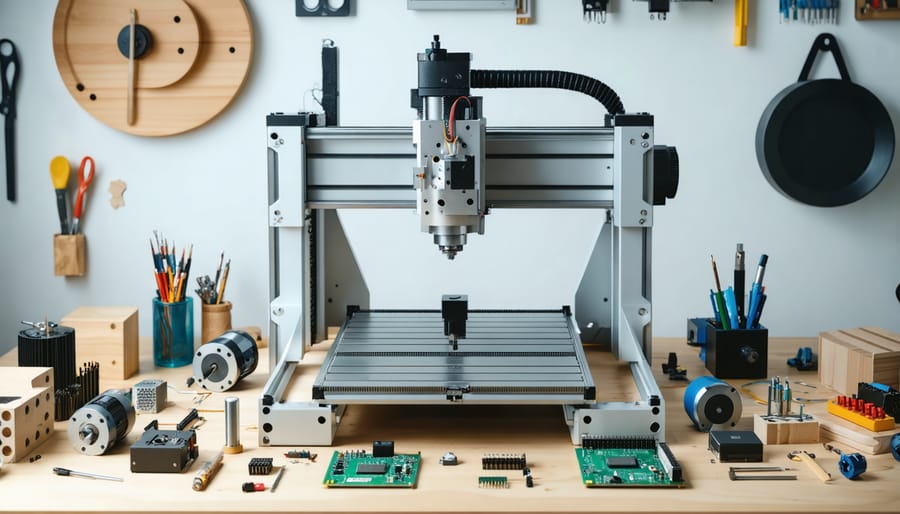 A hands-on maker workspace featuring a partially assembled CNC milling machine surrounded by various components like stepper motors, spindles, and Raspberry Pi parts, representing the theme of DIY craftsmanship and open-source innovation.