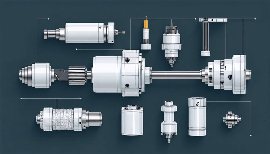Technical diagram showing the main components of a desktop CNC mill including frame, motors, and spindle