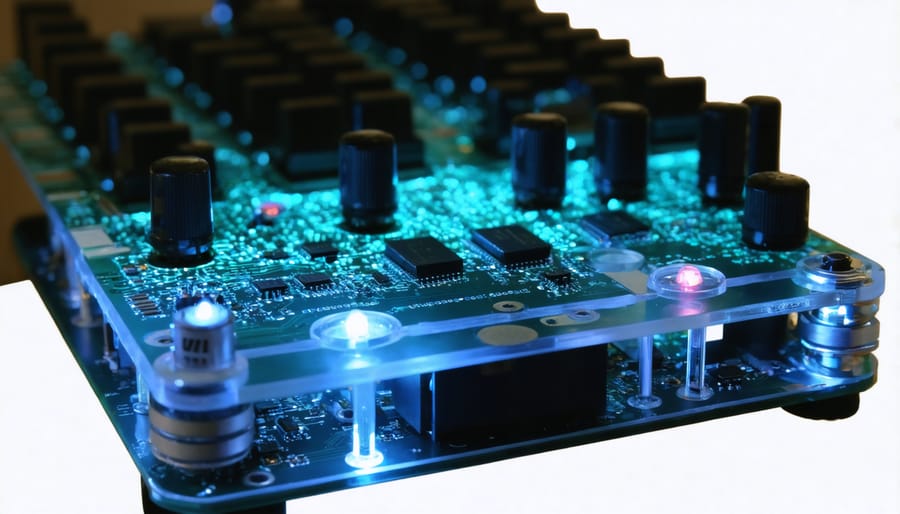 Finished Raspberry Pi synthesizer project with illuminated LED display and moving visual elements