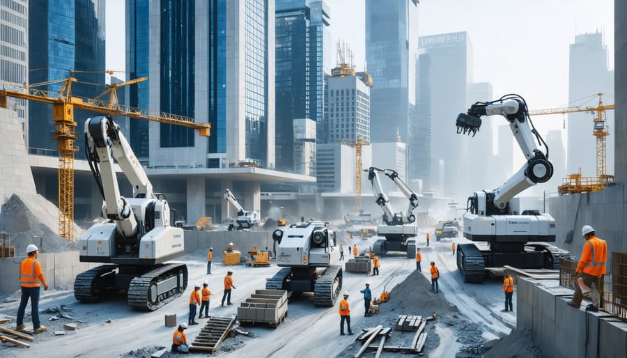 A high-tech construction site where advanced robots carry out tasks like bricklaying and welding alongside human workers, with cranes and skyscrapers in the background.