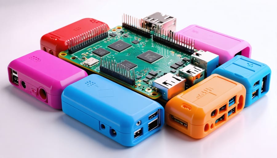 A collection of uniquely designed and colorful 3D-printed Raspberry Pi cases, showcasing various features like ventilation slots, built-in displays, and modular components.
