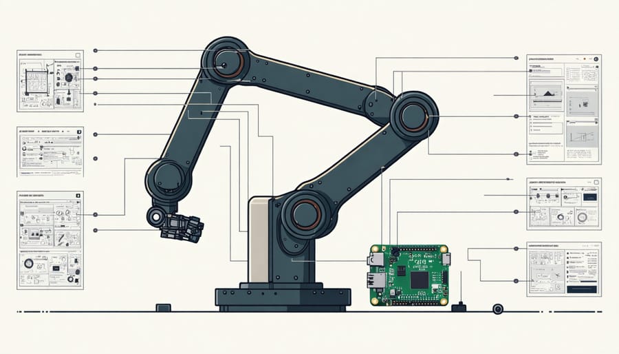 Step-by-step assembly of a DIY construction robot arm showing key components and wiring