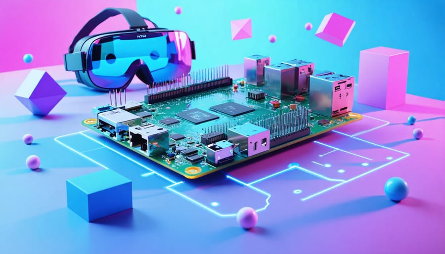 Illustration showcasing a Raspberry Pi 4 board connected to a VR headset with motion sensors and 3D geometric shapes, representing the blend of DIY technology and virtual reality innovation.
