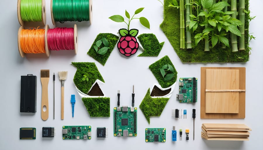 Raspberry Pi surrounded by biodegradable filament, bamboo circuit boards, and recycled aluminum heat sinks, in an eco-friendly workspace setup, highlighting sustainable innovation.