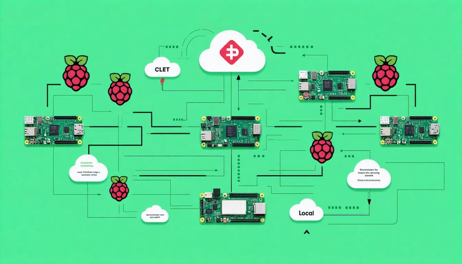 Edge computing architecture diagram with Raspberry Pi devices processing data between IoT sensors and cloud