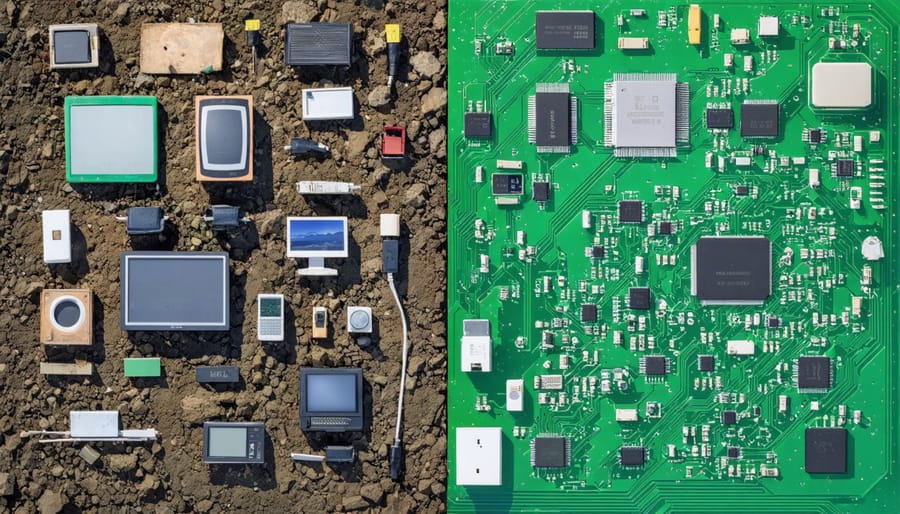 Split image showing pile of electronic waste next to biodegradable electronic components