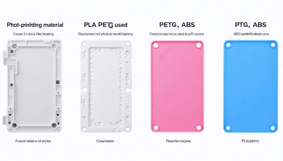 Comparison of three identical Pi cases printed in different materials showing surface finish and quality
