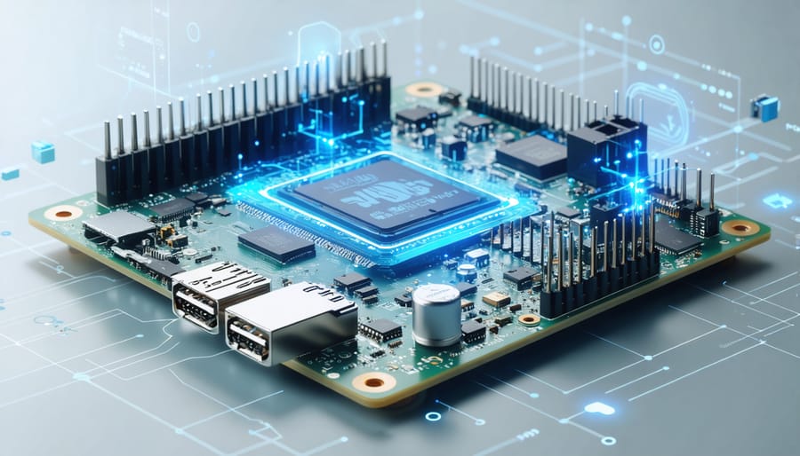 Professional illustration depicting interconnected components and data streams representing G-computation in Raspberry Pi CM3+ projects, highlighting GPUs, CPUs, and memory systems.
