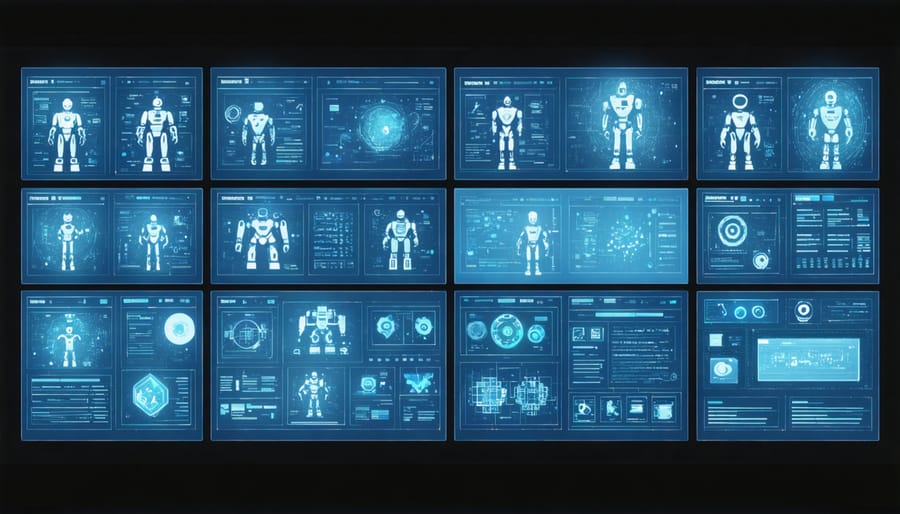 Multiple screens displaying robot programming interfaces and 3D robot designs