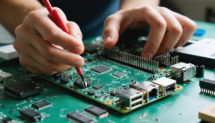 Hands assembling a Raspberry Pi project with breadboard and electronic components