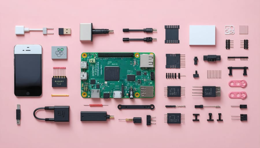 Exploded diagram showing all parts of a 3D printed Raspberry Pi case assembly