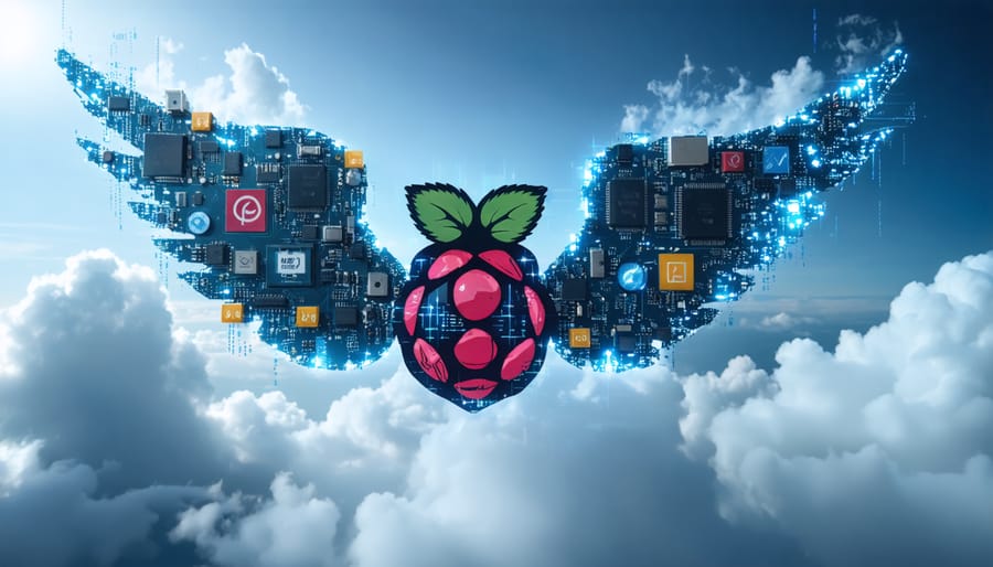Conceptual image of a Raspberry Pi Zero with digital wings, symbolizing its capability to achieve powerful computing performance when paired with the right operating system.