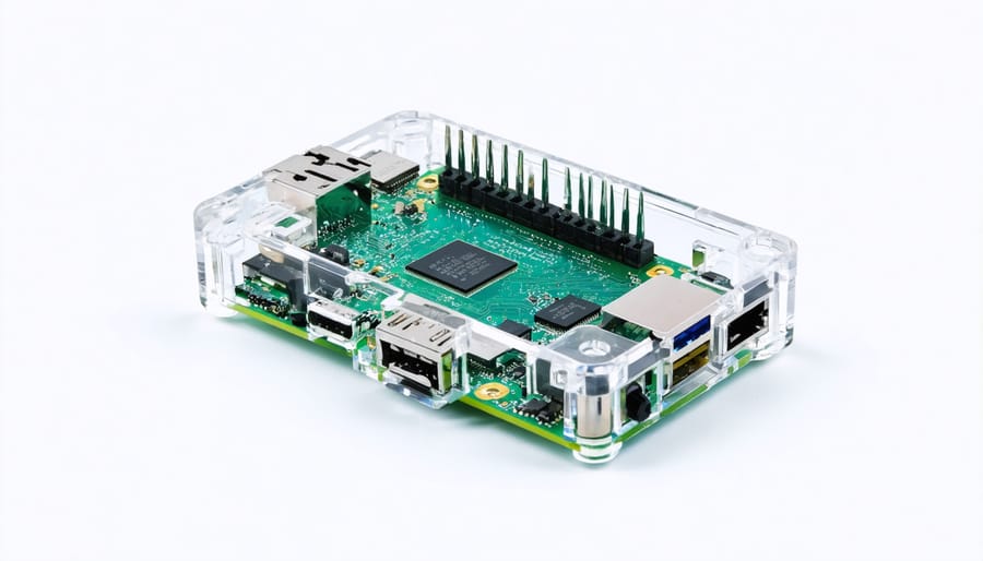 Transparent biodegradable PLA Raspberry Pi case with visible electronics inside