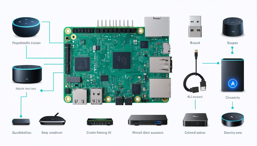 Diagram showing Raspberry Pi 4 components and recommended accessories for AI assistant build