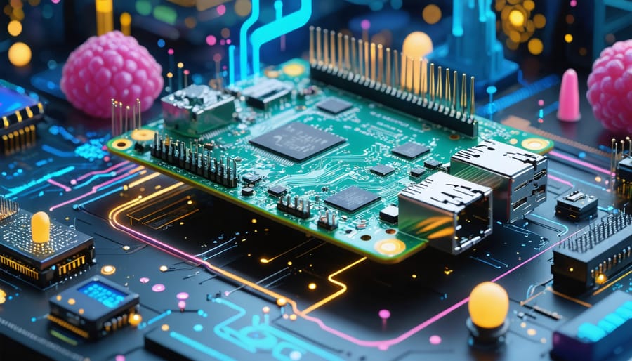 A Raspberry Pi setup intertwined with digital fabrication tools and swirling AI-generated 3D designs, symbolizing the fusion of human creativity and AI technology in design innovation.