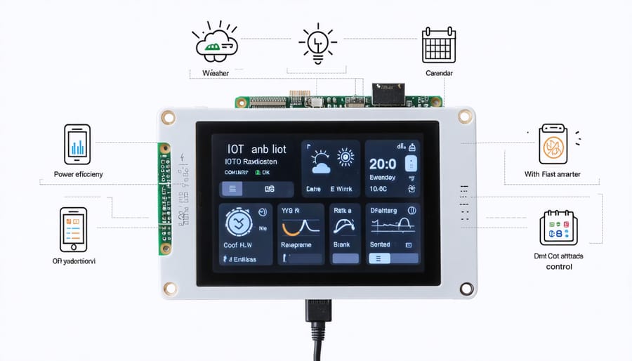 Raspberry Pi connected to an e-ink display showing a multi-functional dashboard with weather, calendar, and IoT data, emphasizing energy-saving capability.