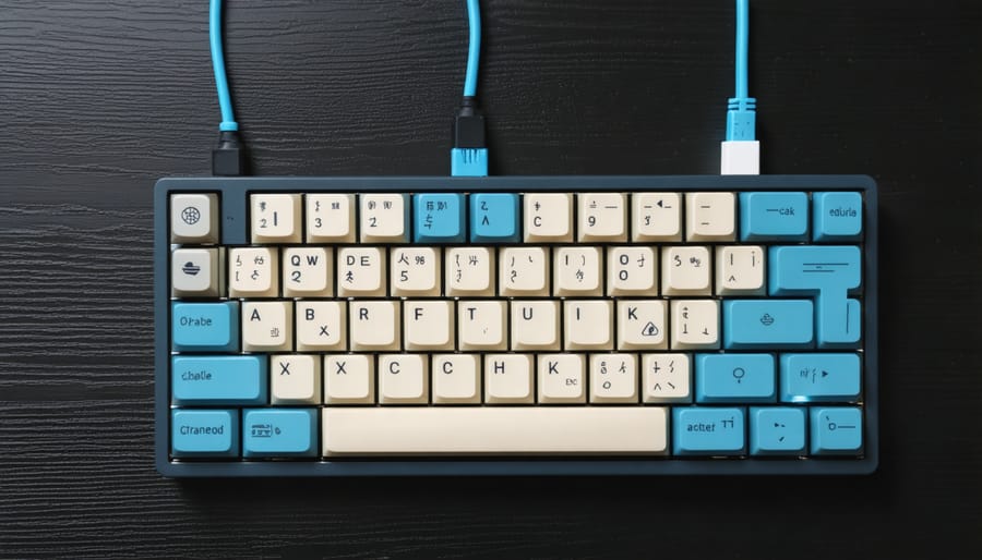DIY keyboard converter setup showing Raspberry Pi connected to vintage keyboard with cables and adapters