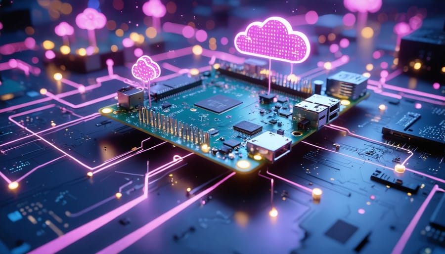 A visually dynamic representation of a Raspberry Pi cluster connected to IoT sensors and cloud infrastructure, illustrating the concept of edge computing with Kubernetes.