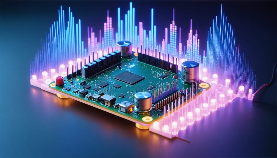 A Raspberry Pi setup transformed into a music synthesizer, with glowing LED strips, digital waveforms, and electronic components like potentiometers and buttons, set on a professional workspace.